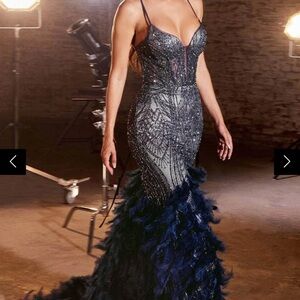 Silver and Blue Sleeveless Prom Gown with Spaghetti Straps